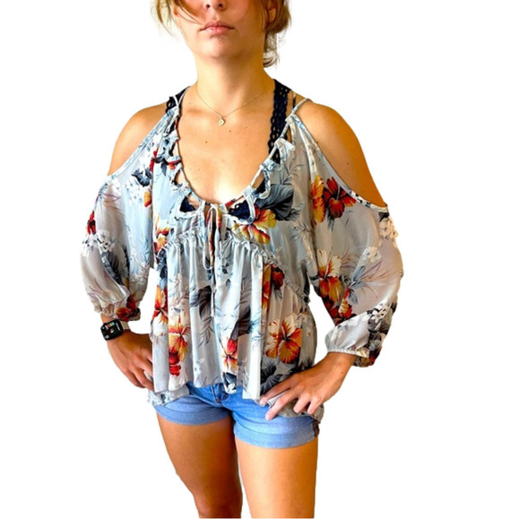 Jinnicks by BKE Tops - Jinnicks by BKE Unique blue with orange/rust floral cold-shoulder top